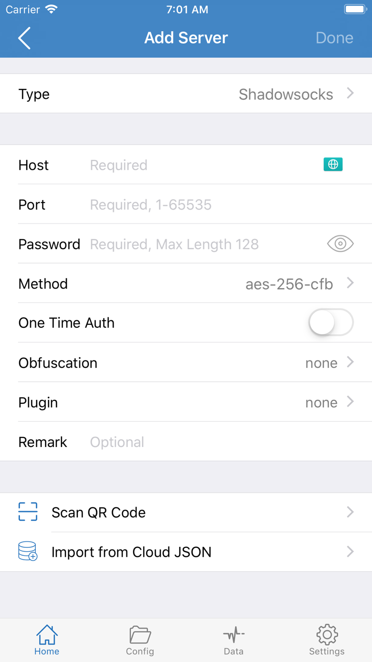 Official Shadowrocket Add Server screenshot: Type, Host, Port, Password, and Method, plus Scan QR Code and Import from Cloud JSON