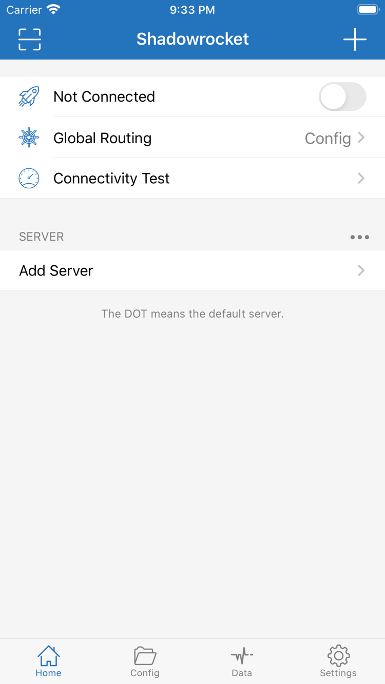 Official Shadowrocket Home screenshot: connection switch, Global Routing and Add Server